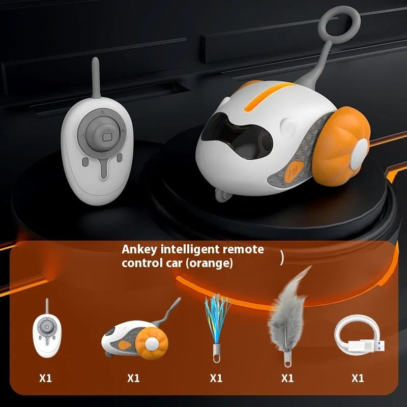 Blue or orange remote control cat toy with feather teaser attachment and charging cable