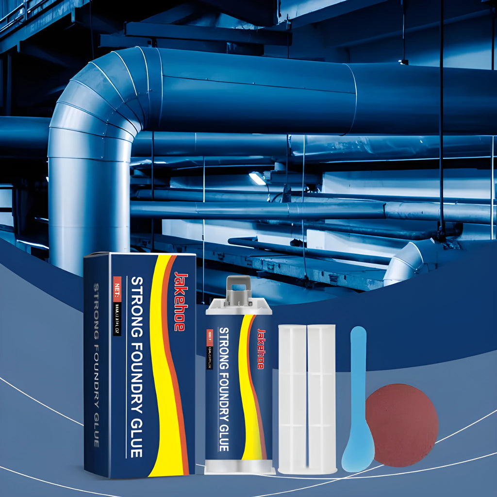 85ml two-part epoxy metal sealant cartridge with push rod, scraper, and sandpaper for stainless steel, copper, aluminium repairs.