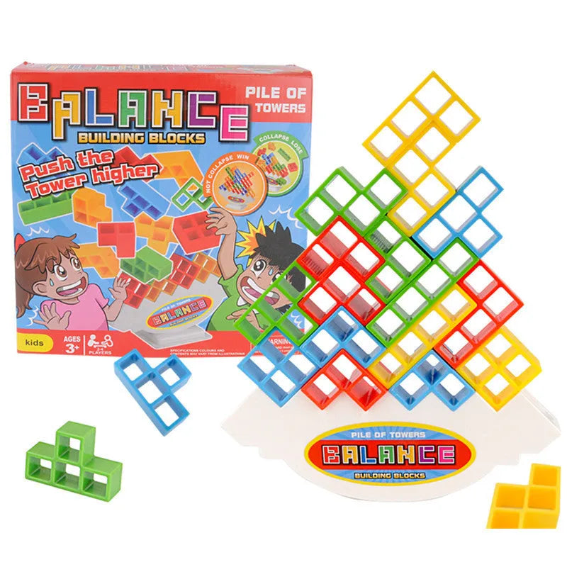 Plastic balance stacking board game with coloured building blocks on chassis for kids and adults