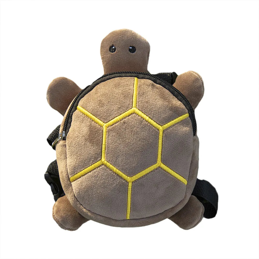 Cartoon turtle shape dog backpack with harness, brown colour, showing metal zipper and storage compartment