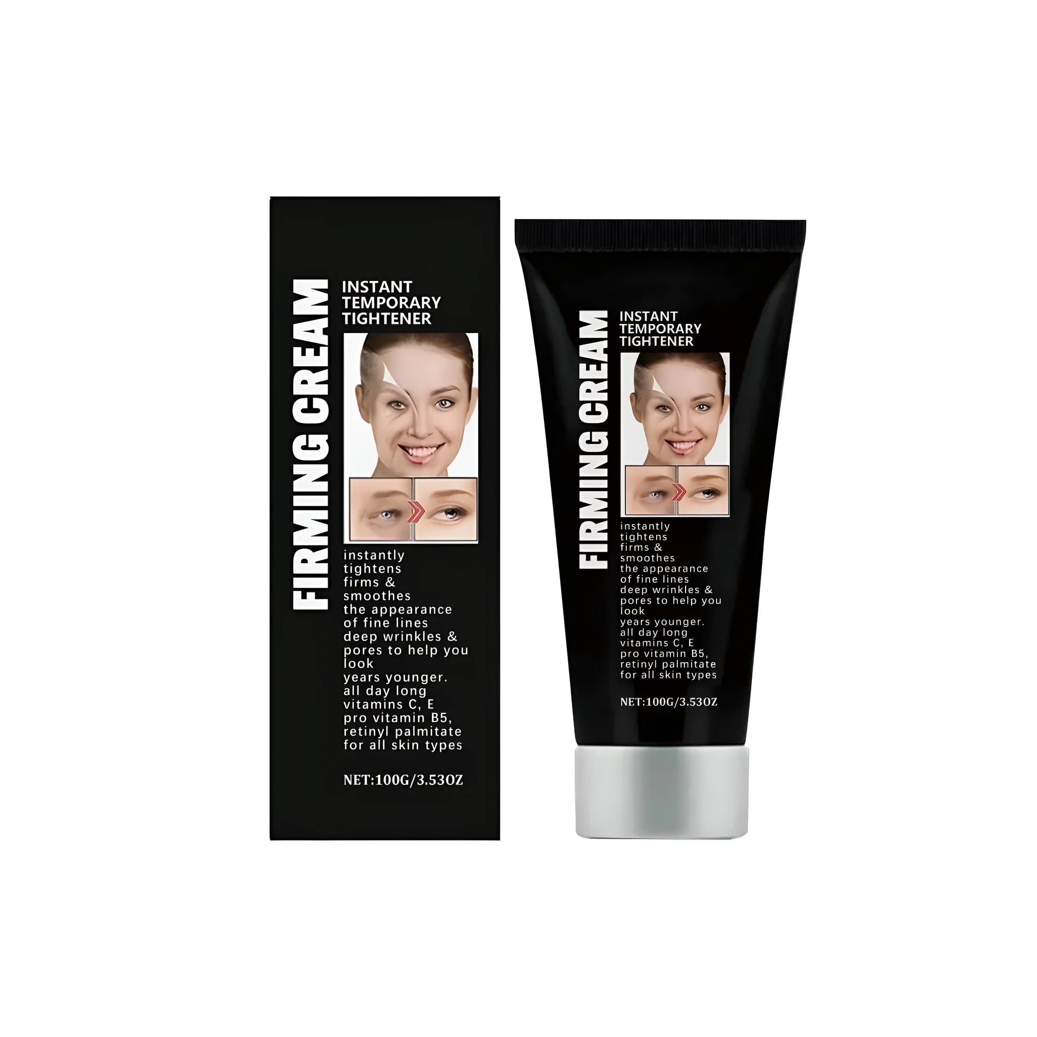 50g container of anti-wrinkle and firming face cream with vitamins C, E, and retinol palmitate.