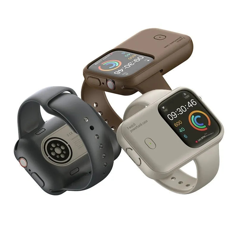 Apple Watch portable wireless charging case and silicone cover in brown, midnight blue, or starlight.