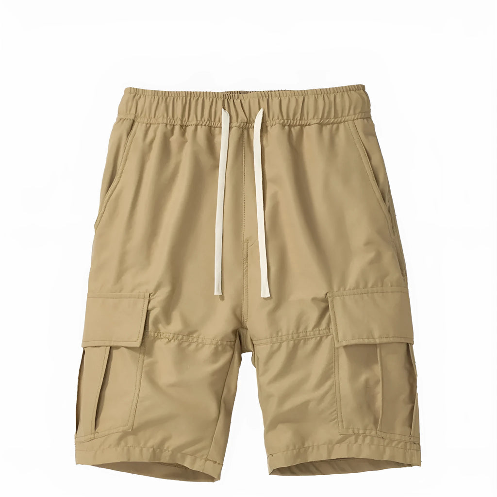 Men's multi-pocket loose cropped pants in dark blue polyester fabric for summer outdoor wear