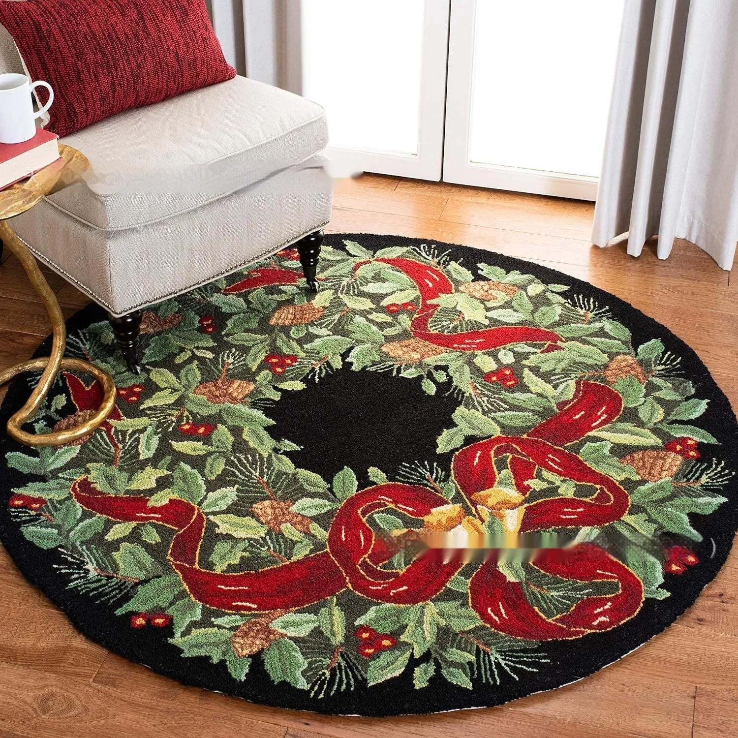 Christmas-themed round polyester carpet with festive printed design, shown in two size options.