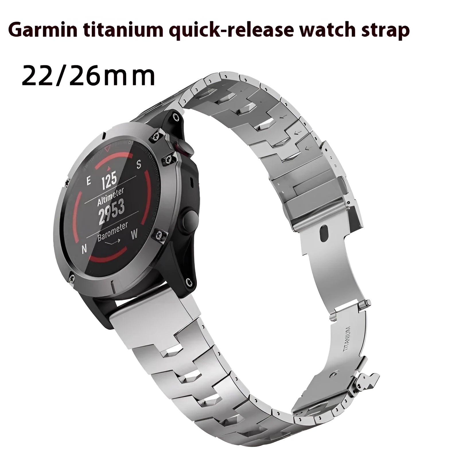 Garmin Jiaming Fenix watch strap in silver, black, or titanium, showing 22mm and 26mm width options