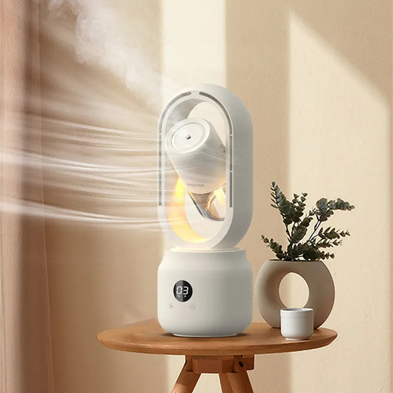 White bladeless USB rechargeable table fan with water tank and digital controls on a desk