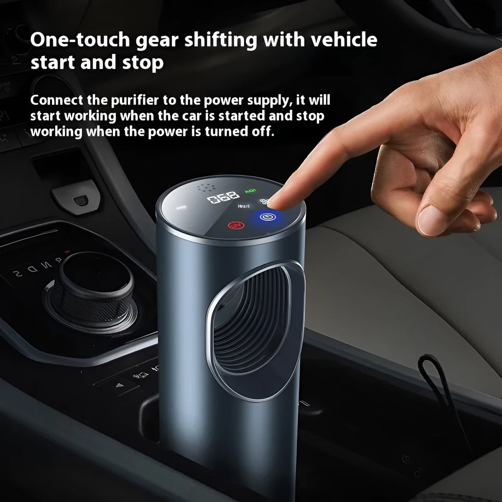 Black USB-powered car air purifier for formaldehyde removal and air ionisation.