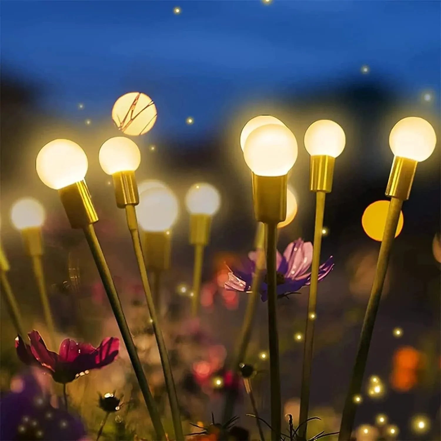 Solar-powered LED garden stake light with multiple heads on a stainless steel spike, showing warm white and coloured light modes.