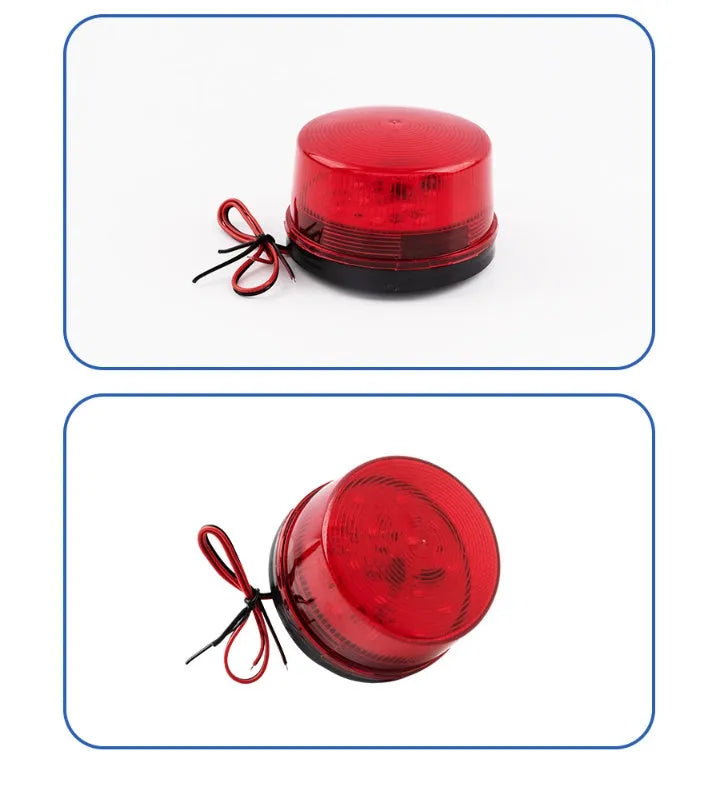 Small red warning alarm light with strobe flash, 73mm diameter, for 24V fire protection systems.