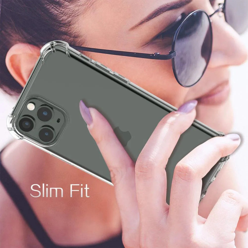 Clear transparent TPU shockproof phone case for Apple iPhone showing back and side protection