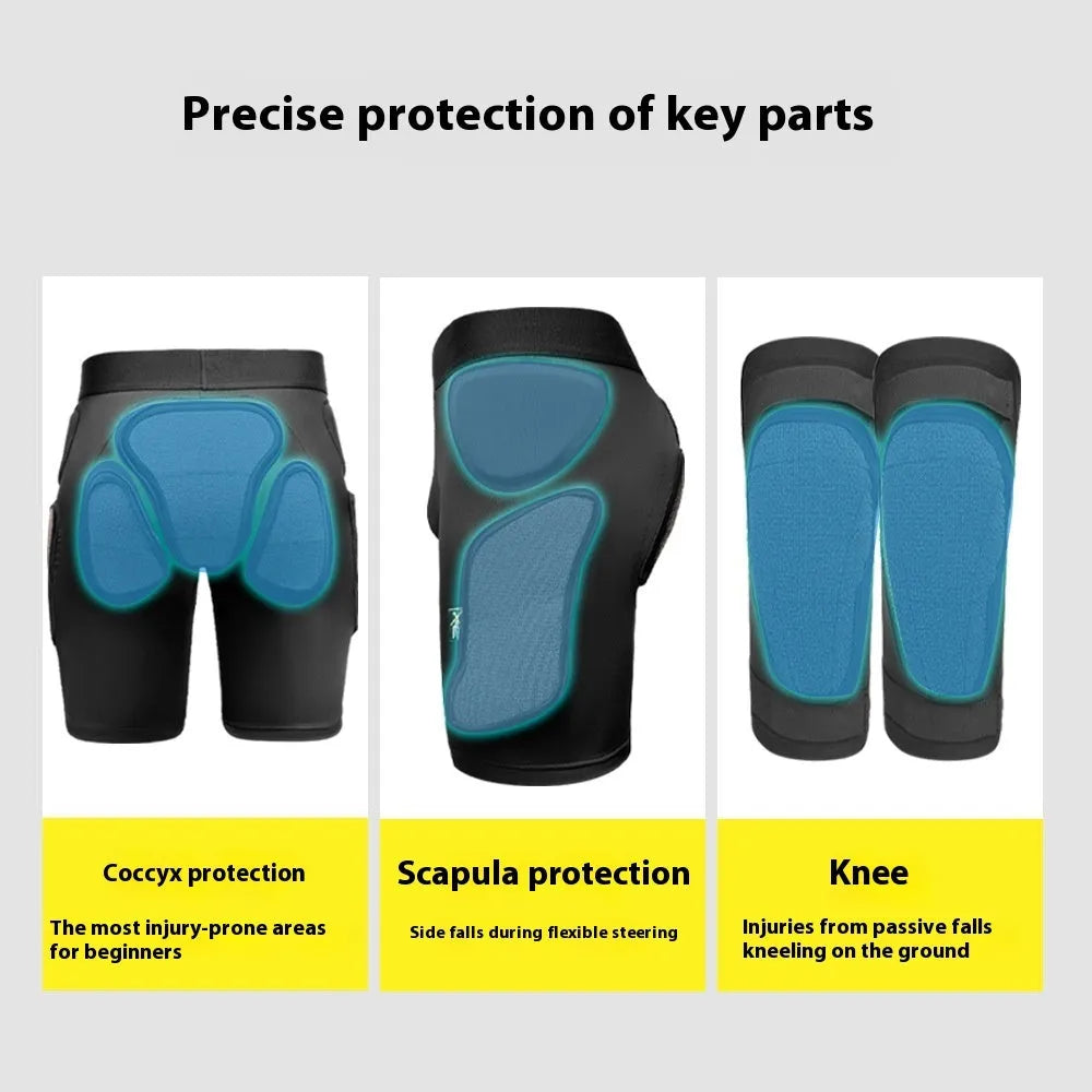X-ray diffraction skiing protective gear set showing hip pads and knee pads for anti-fall cushioning