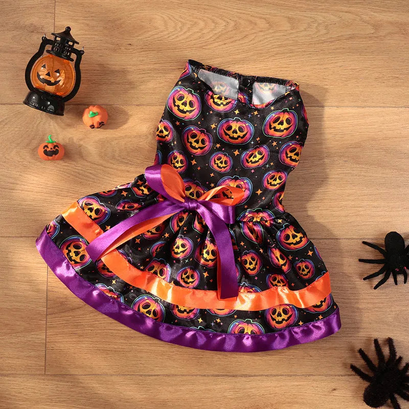 Halloween dog skirt with colourful pumpkin or skull print, double-layer design, size options S M L XL.