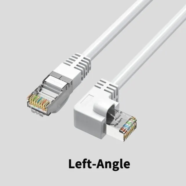 Black Cat6 Ethernet cable with right-angle metal RJ45 connector showing different orientation options