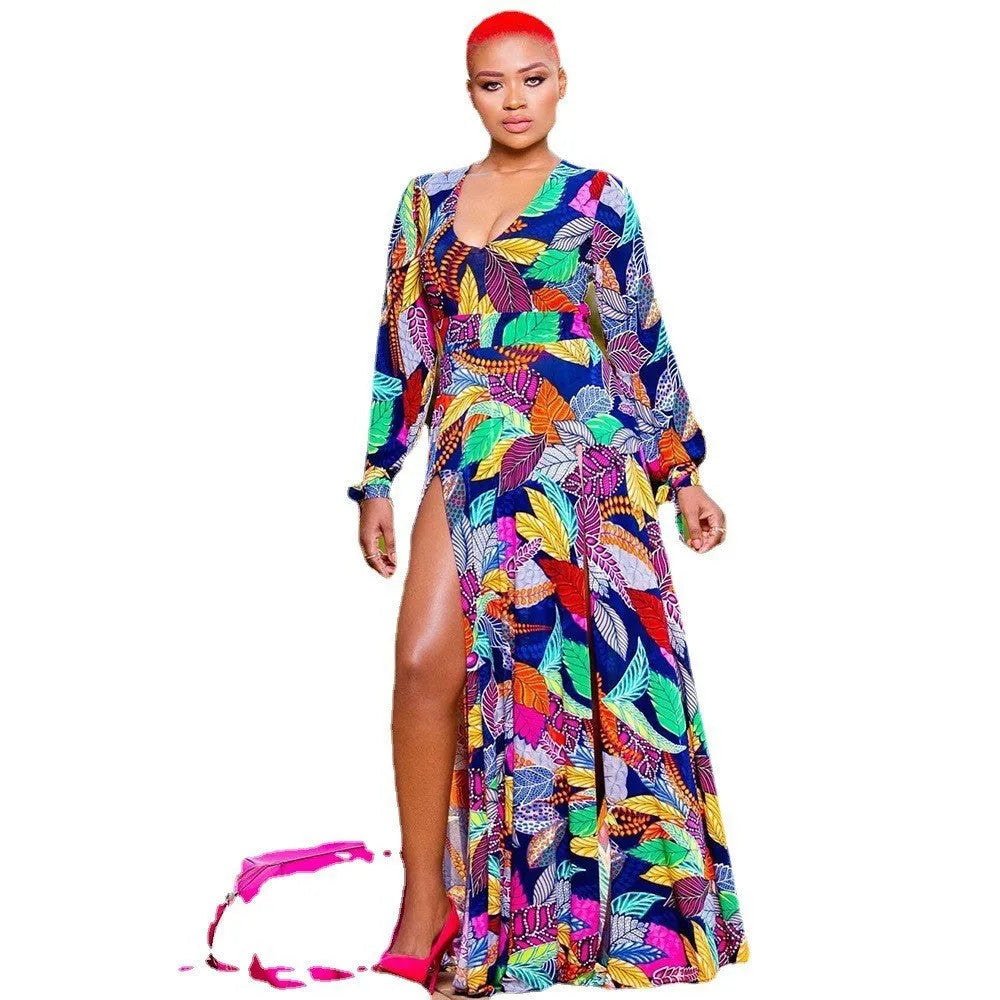 Women's printed A-line long dress with deep V-neck and split design in floral pattern