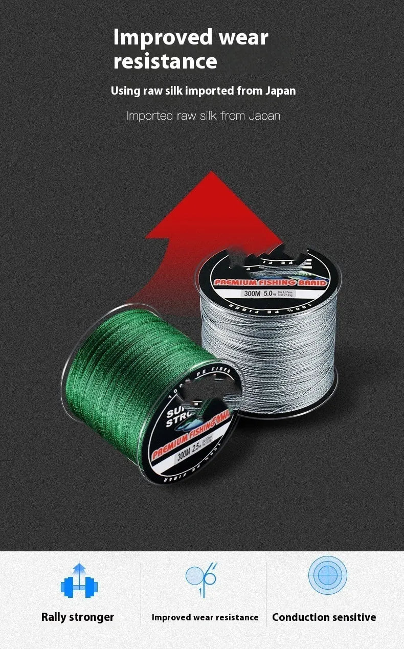 Spool of Dali Mayu 300 metre PE braided fishing line in a selected colour with labelled line strength.