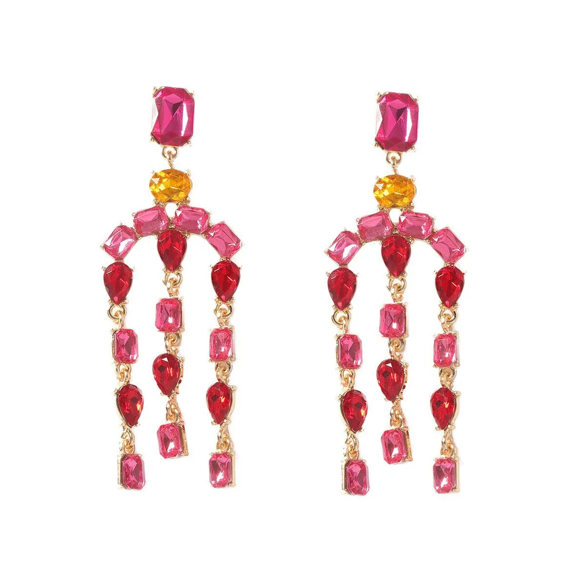 Heavy-duty full-drop diamond teardrop fringe earrings in zinc alloy, green colour, on display