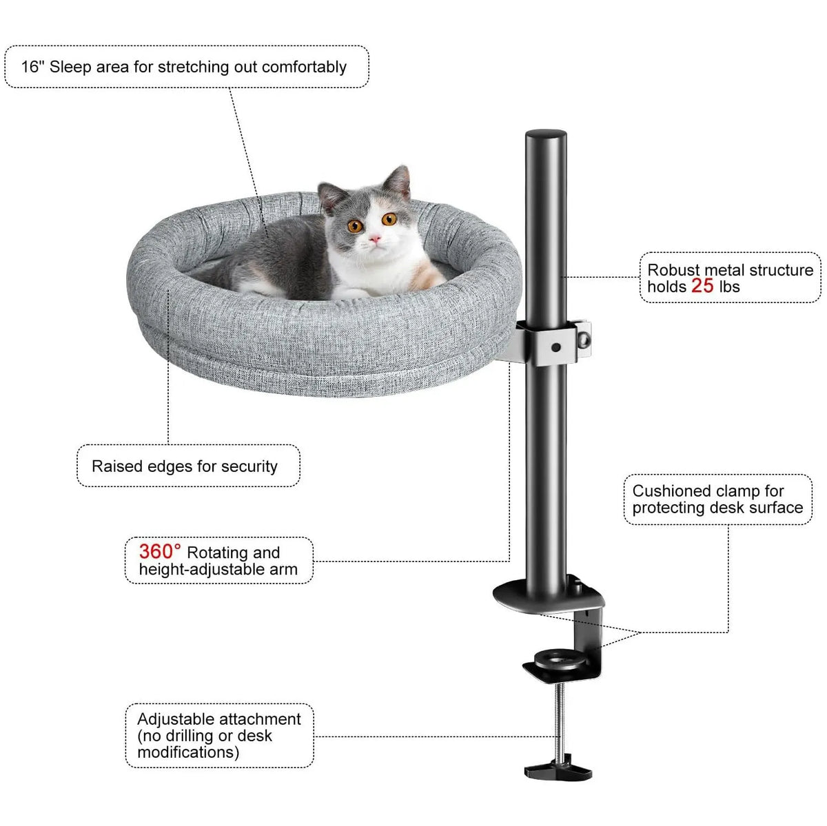 Round cloth cat nest with rotating base and adjustable height, available in brown or gray colour options