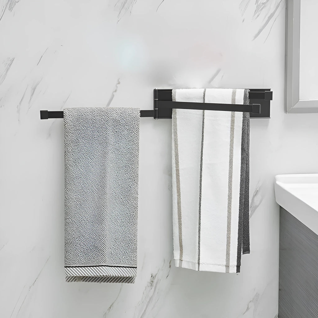 Nordic style folding towel rack in black mounted on bathroom wall without drilling