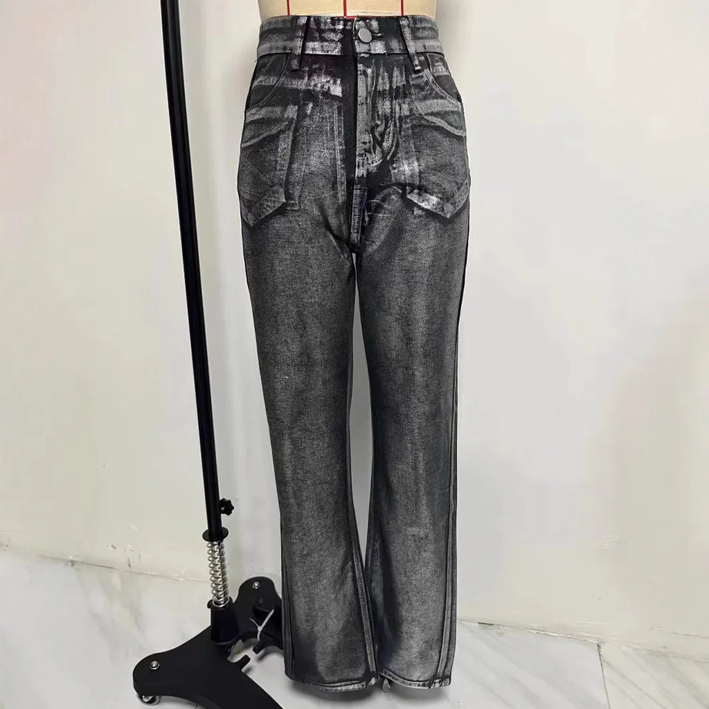 Washed blue women's high waist straight leg jeans with contrast silver street hipster detail