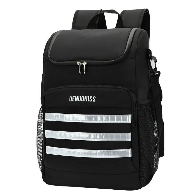 Insulated 20 litre backpack with a shoulder strap mounted bottle opener in black, blue, pink, or red.
