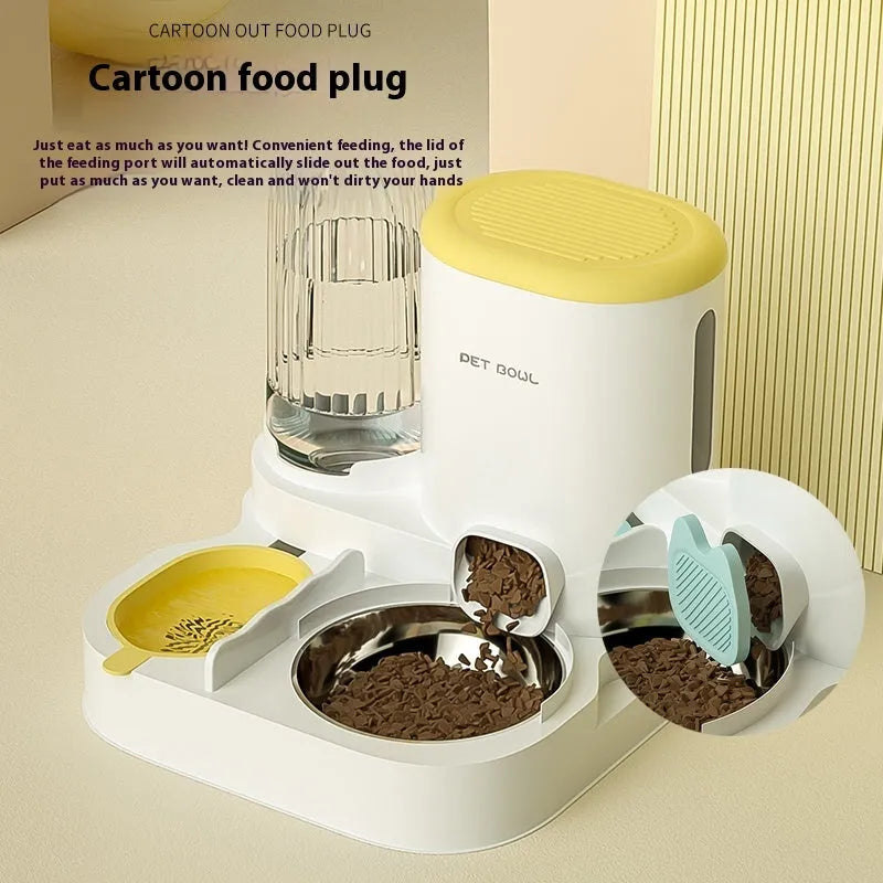 Automatic cat water fountain with integrated stainless steel double feeding bowl in avocado green colour
