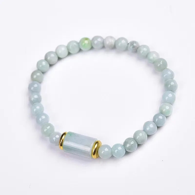 Natural Myanmar jade round beads bracelet in emerald green with ethnic geometric design
