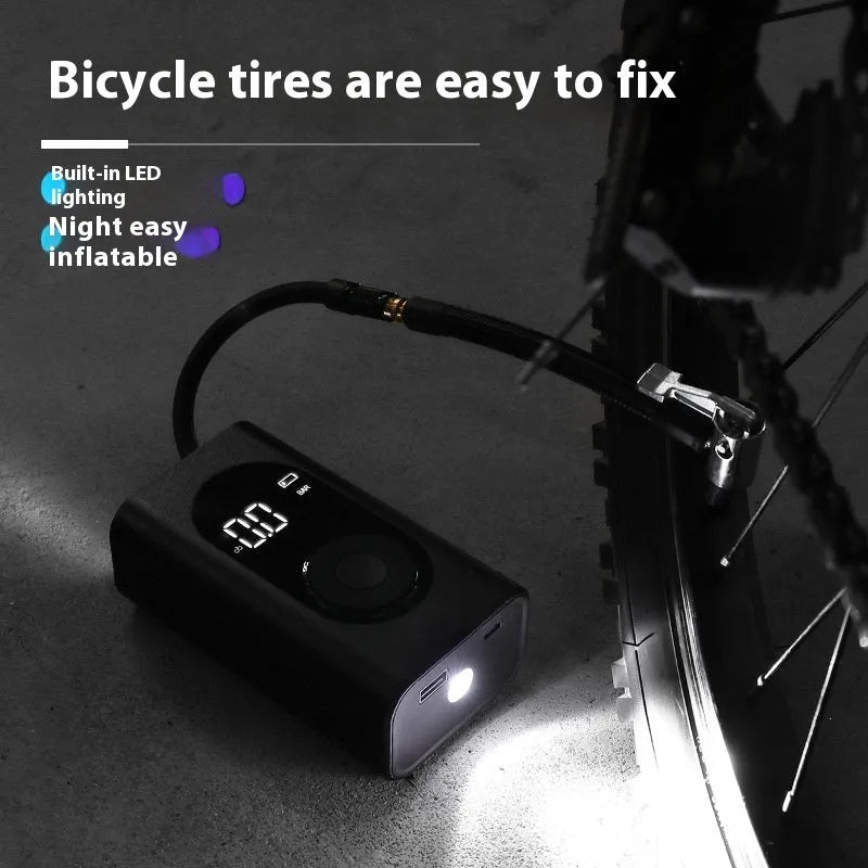 Portable handheld tyre inflator pump with digital display, USB cable, power bank, and built-in torch