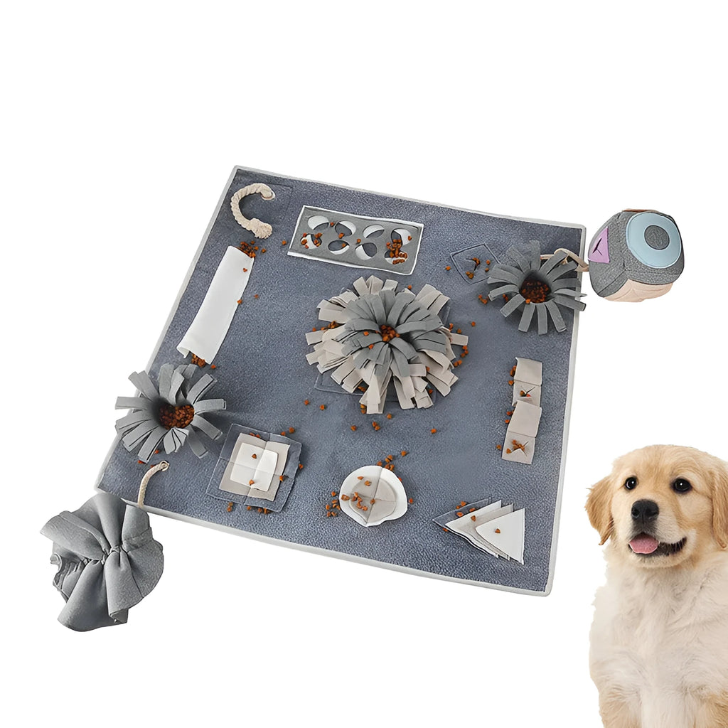 Grey cloth dog sniffing mat with two snuffle toys for mental stimulation
