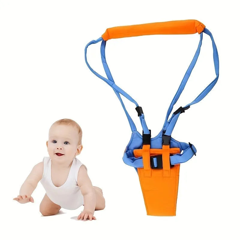 Baby toddler harness walk learning assistant in orange and blue with adjustable 52-62cm strap