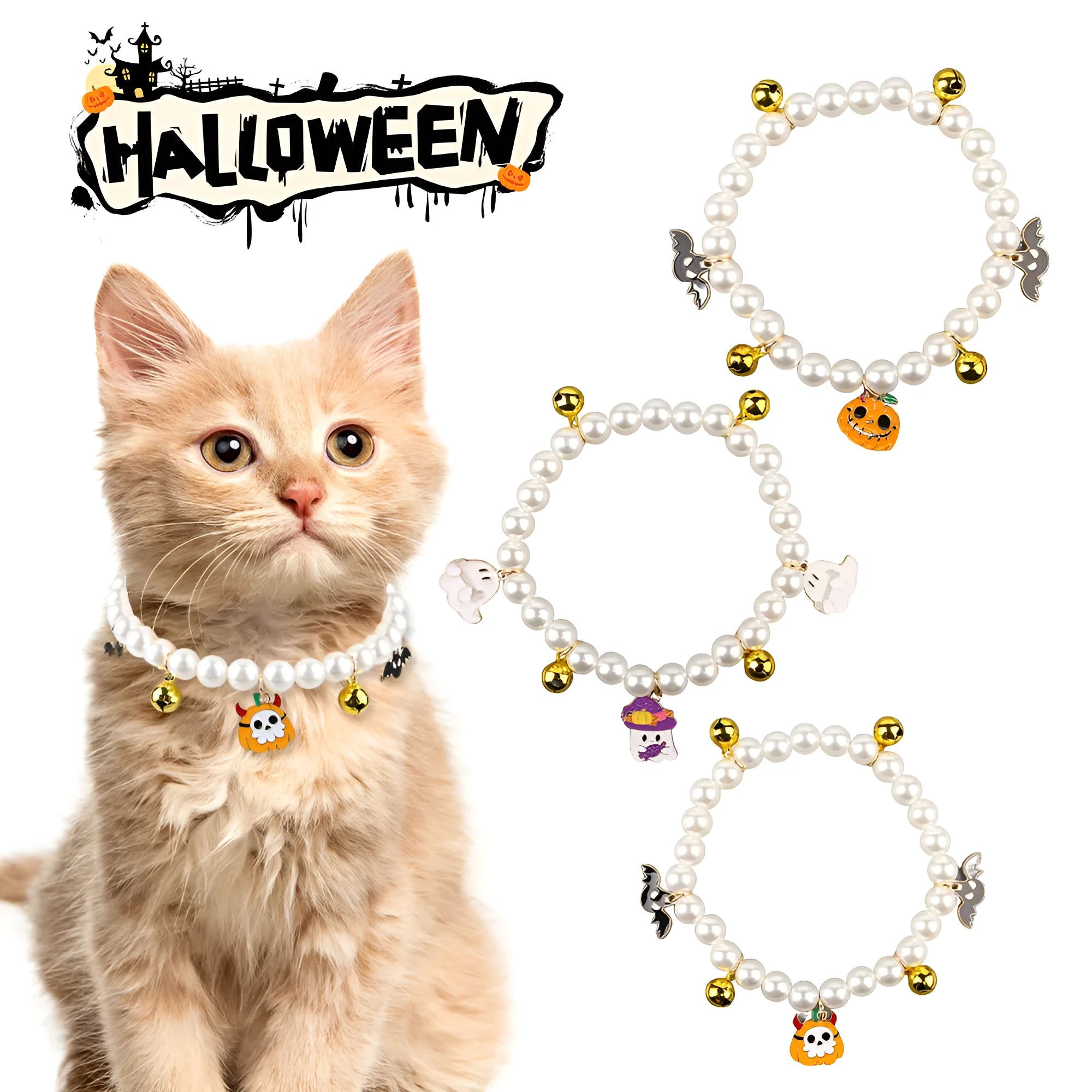 Halloween cat collar with simulated pearl beads and purple pumpkin charm decoration