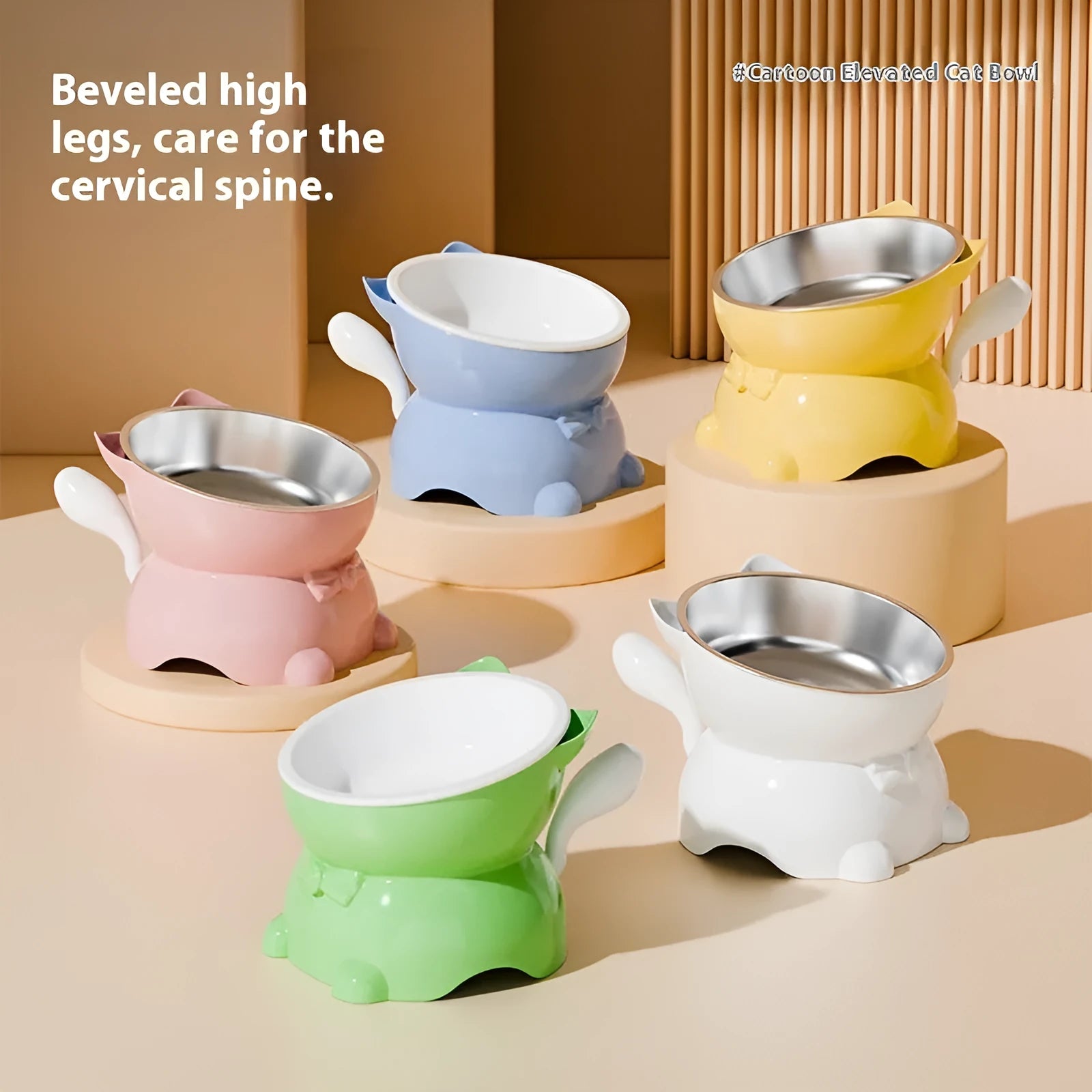 Oblique stainless steel cat bowl in yellow colour with a non-slip base.