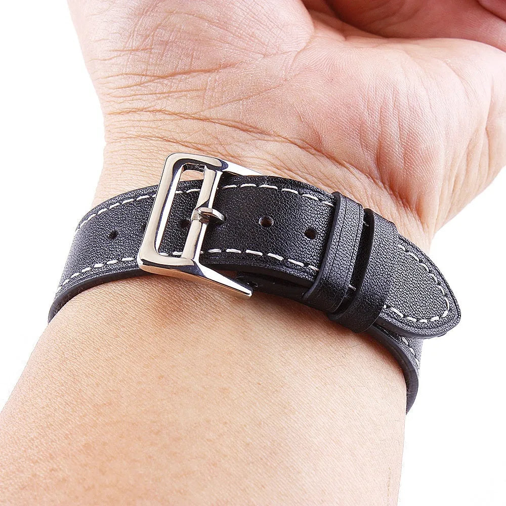 Genuine leather single ring watch strap in black, 22mm width, first layer cowhide