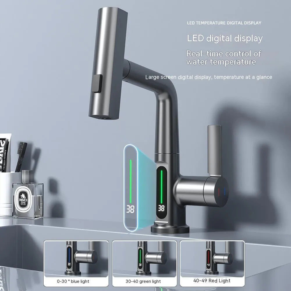 Modern pull-out kitchen faucet with digital temperature display on a black finish, showing extended hose.