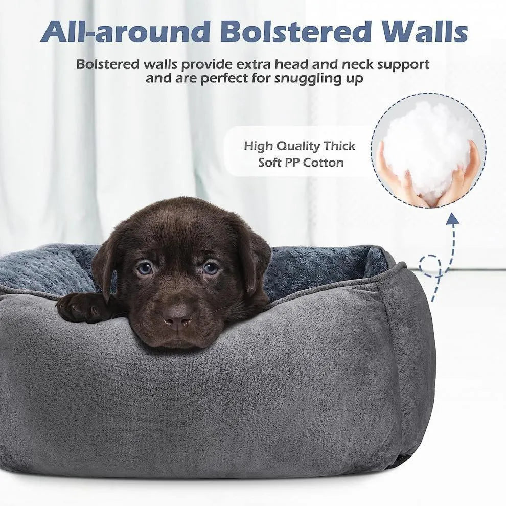 Beige stuffed kennel dog bed for a large Golden Retriever, showing soft nest design.
