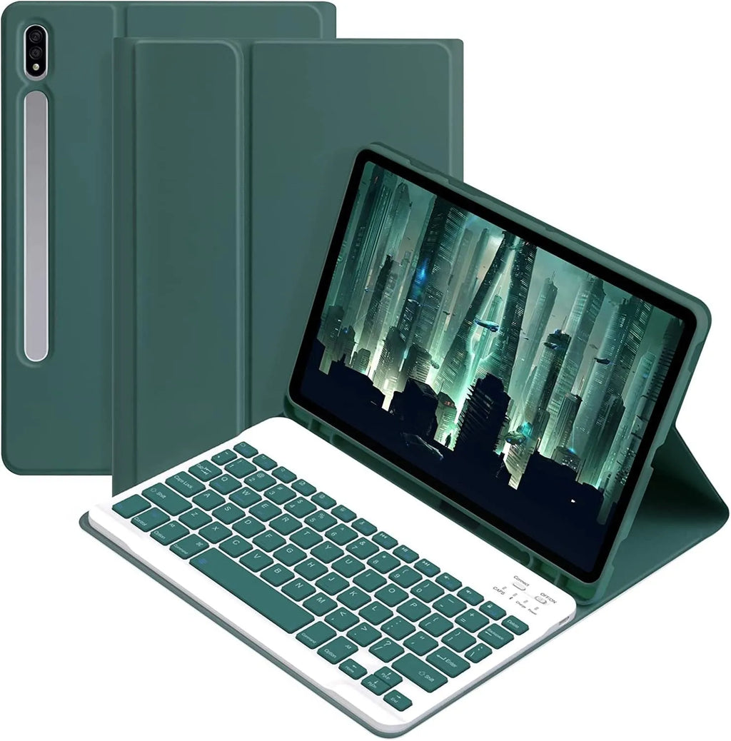 Samsung Galaxy tablet inside a black leather-style TPU case with a Bluetooth keyboard and charging mouse.