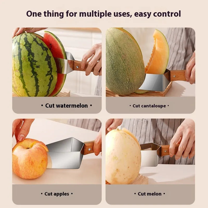Stainless steel triangle fruit cutter knife with a removable protective cover for slicing melon and watermelon.