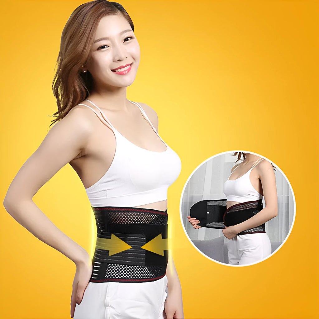 Black breathable sports waist support belt with internal steel plate for lumbar protection during fitness.