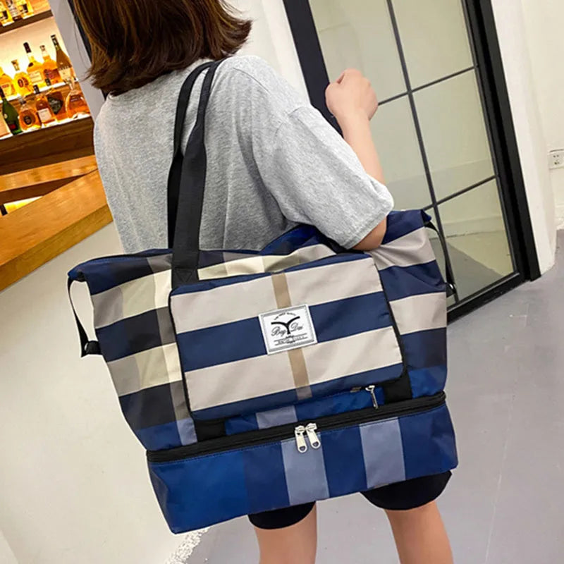 Foldable travel duffel bag waterproof Oxford cloth dry wet separation black