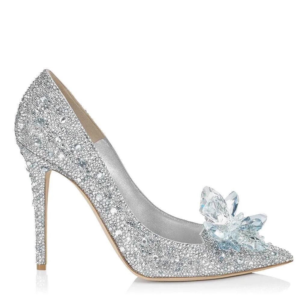 Women's pointed toe stiletto heels with rhinestone decorations in gold and silver colours