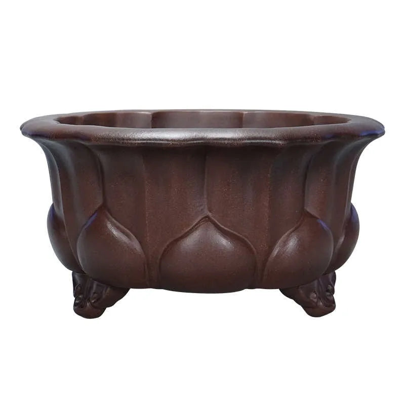 Purple red mud antique ceramic succulent pot with petal basin shape, 37 cm wide.