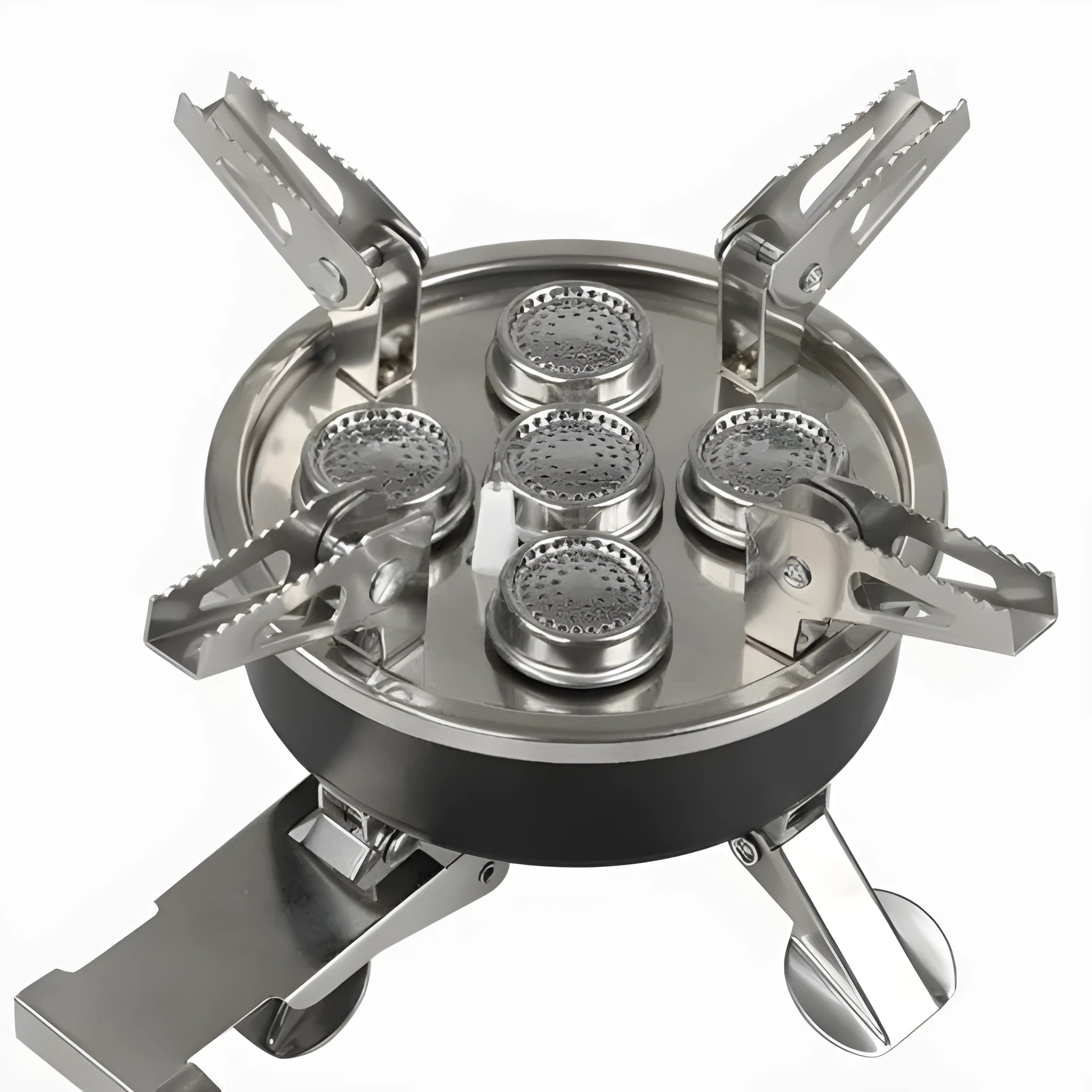 Silver portable split camping stove with stainless steel burner and long hose, shown folded.