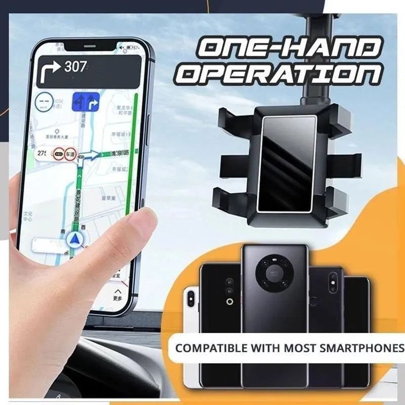 Black rearview mirror car phone holder showing 360-degree rotation and telescopic arm extended.