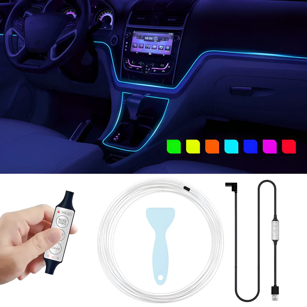 Car interior RGB LED ambient light strip with wireless remote, showing multiple colour options on a dashboard.