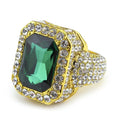 Gold-plated men's hip hop ring with emerald colour, geometric asymmetric design, and diamond treatment