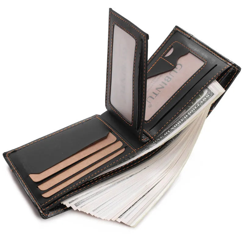 Men's short black PU leather wallet with multiple card slots, coin pocket, and photo holders on a flat surface