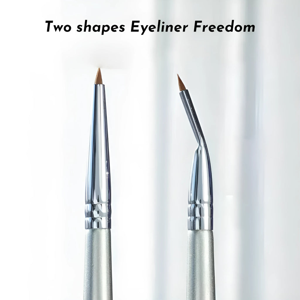 Angled bend head eyeliner makeup brush with metal ferrule on a 3.8 cm handle.