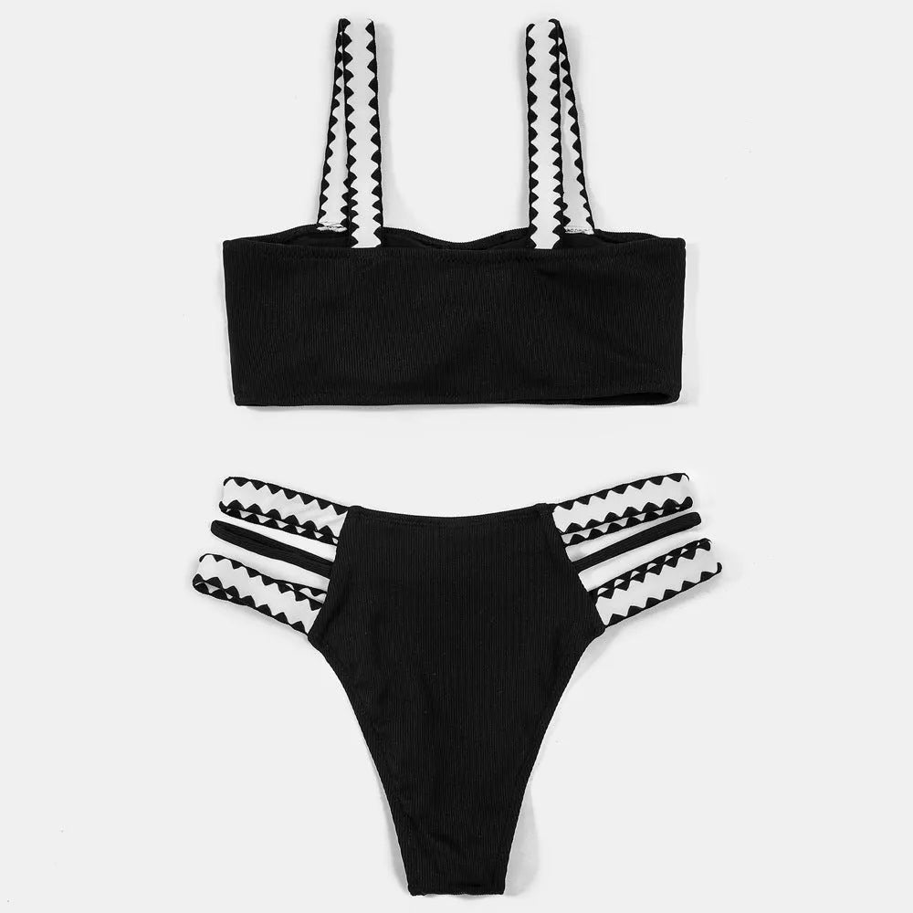 Black women's hollowed-out split swimsuit briefs style polyester swimming costume