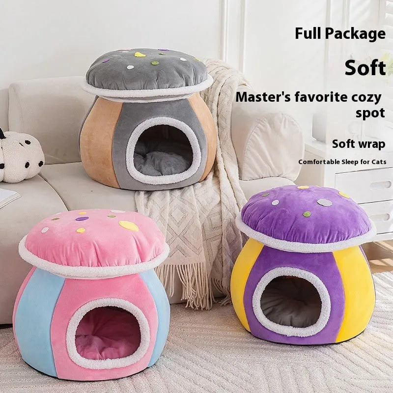 Grey mushroom-shaped plush cat nest bed for pets on a white background.