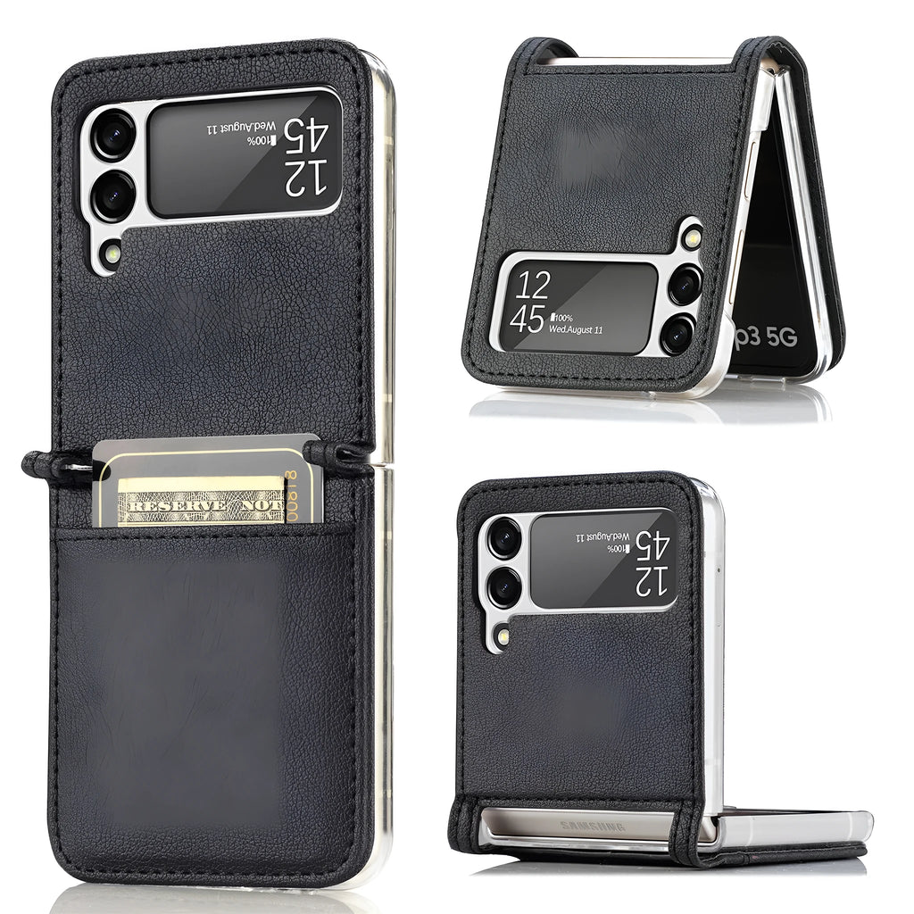 Leather card protective cover for Samsung Z Flip 3 5G with TPU frame and card slot in solid black colour