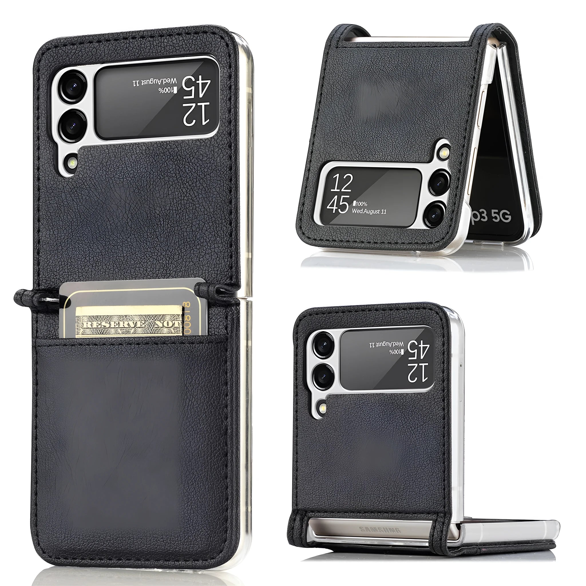 Leather card protective cover for Samsung Z Flip 3 5G with TPU frame and card slot in solid black colour